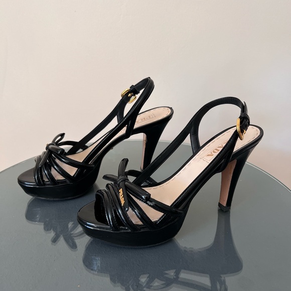Prada Black Patent Leather Bow Tie Peep-toe Platform Heels - Picture 3 of 9